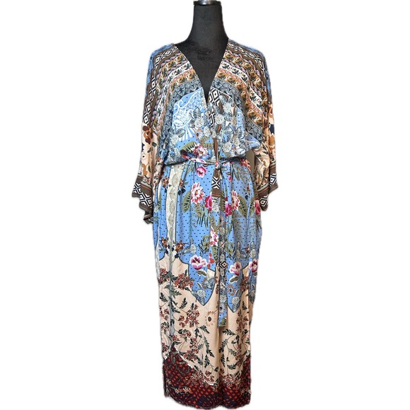Floral Boho Kimono One Size Brown Blue Multicolor Bohemian Robe Swimsuit Coverup - Picture 2 of 8
